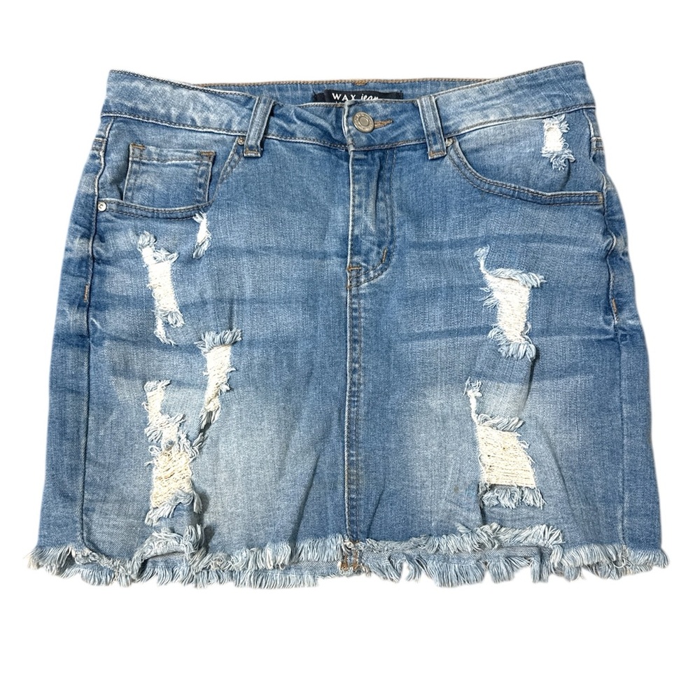 Wax Jean Blue Distressed Denim Skirt size small stretchy with pockets